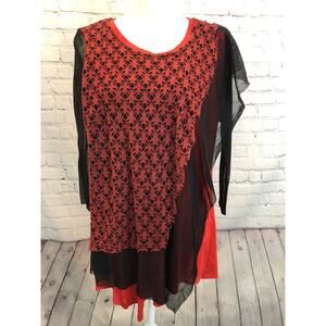 Art Of Cloth Lagenlook Jagged Hem Tattered Mesh Sleeve Tunic Top Blouse L